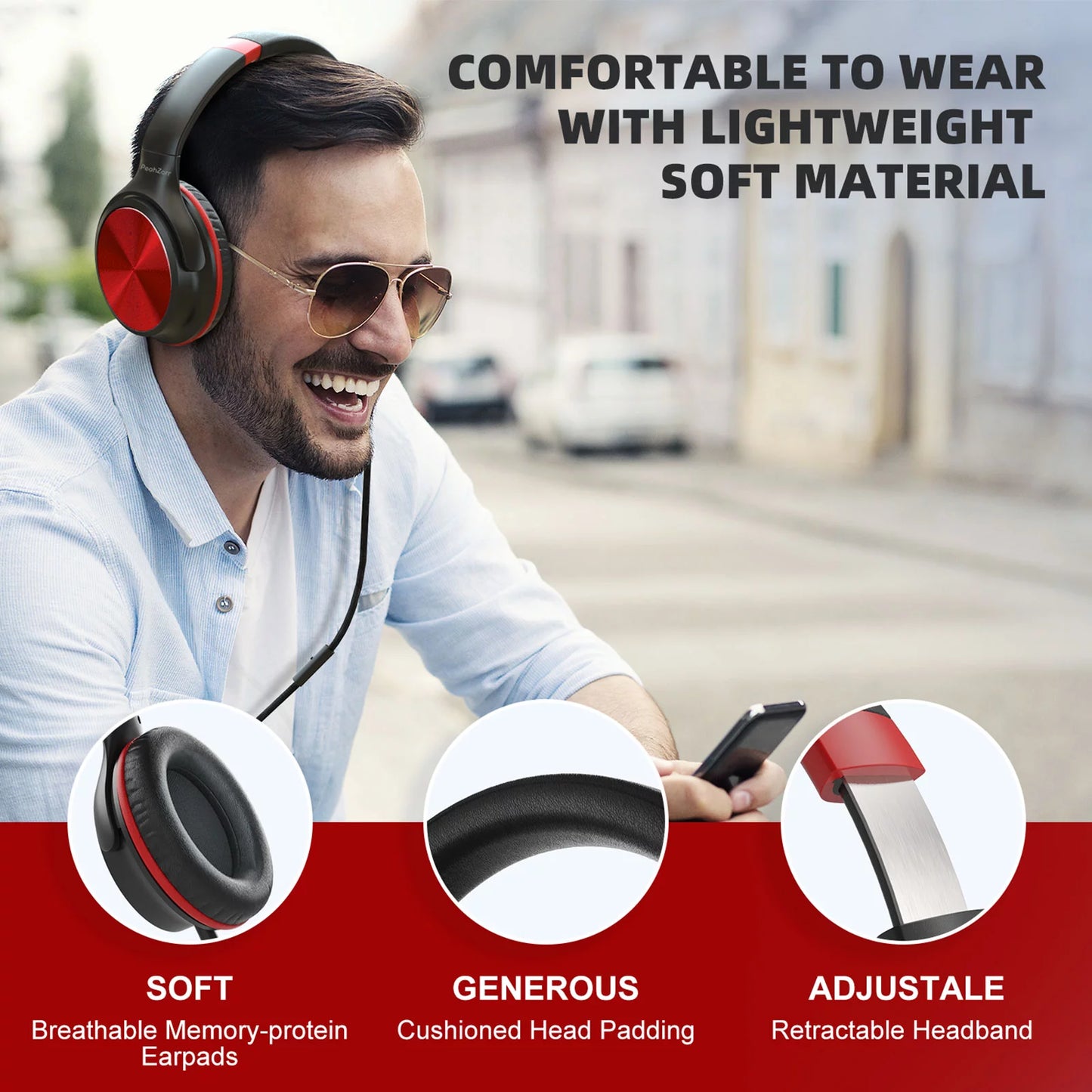 Wired Headphones with Microphone, On-Ear Headphones with Sound Sharing Function, 3.5Mm Tangle-Free Foldable & Portable Wired Headphones for Home Office Travel MP3 Phone Laptop